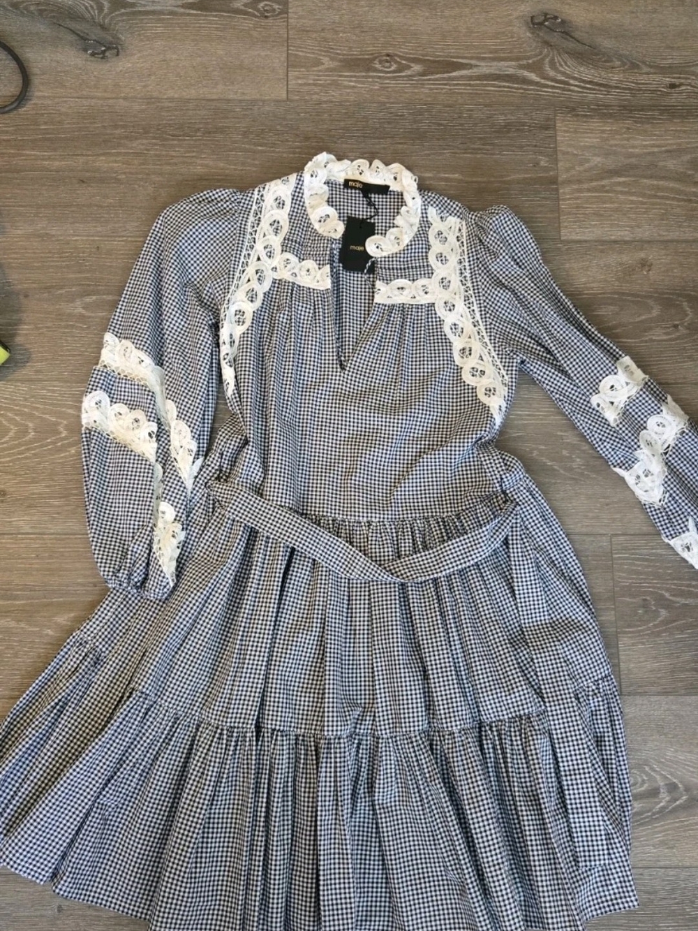 Maje Black & White Gingham Lace-Trim Tiered Dress